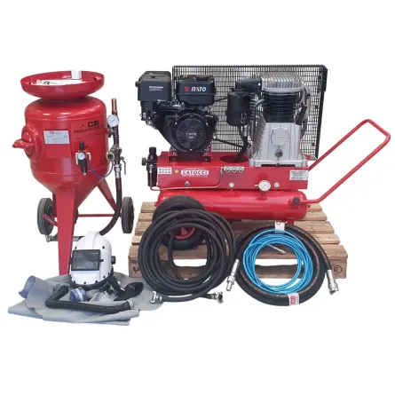 MOTOCOMPRESSORE CON SABBIATRICE DA 60 LITRI E CASCO AREATO